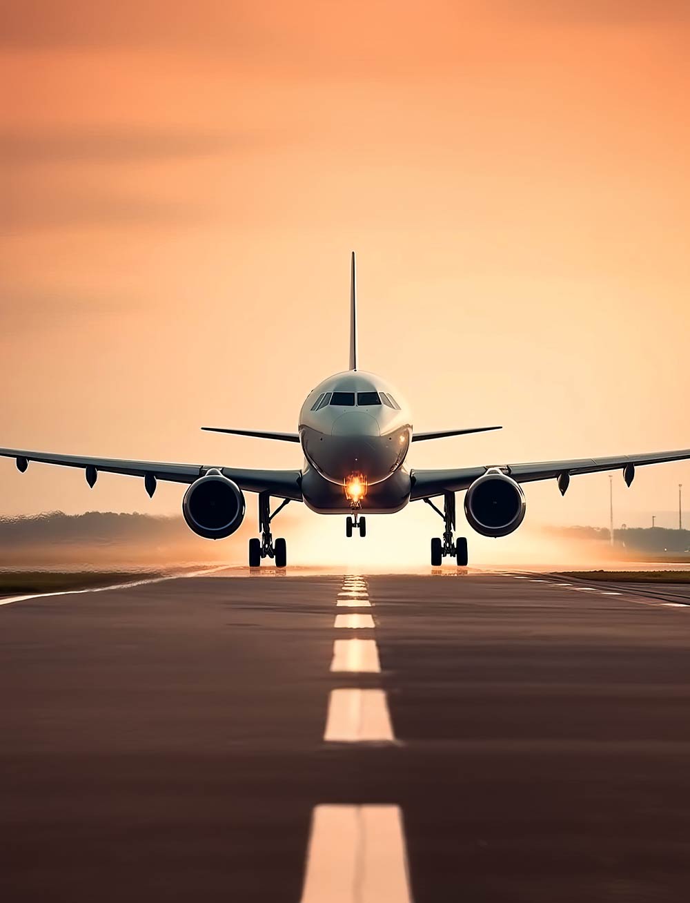 Airplane landing on runway at sunset with orange sky in the background.