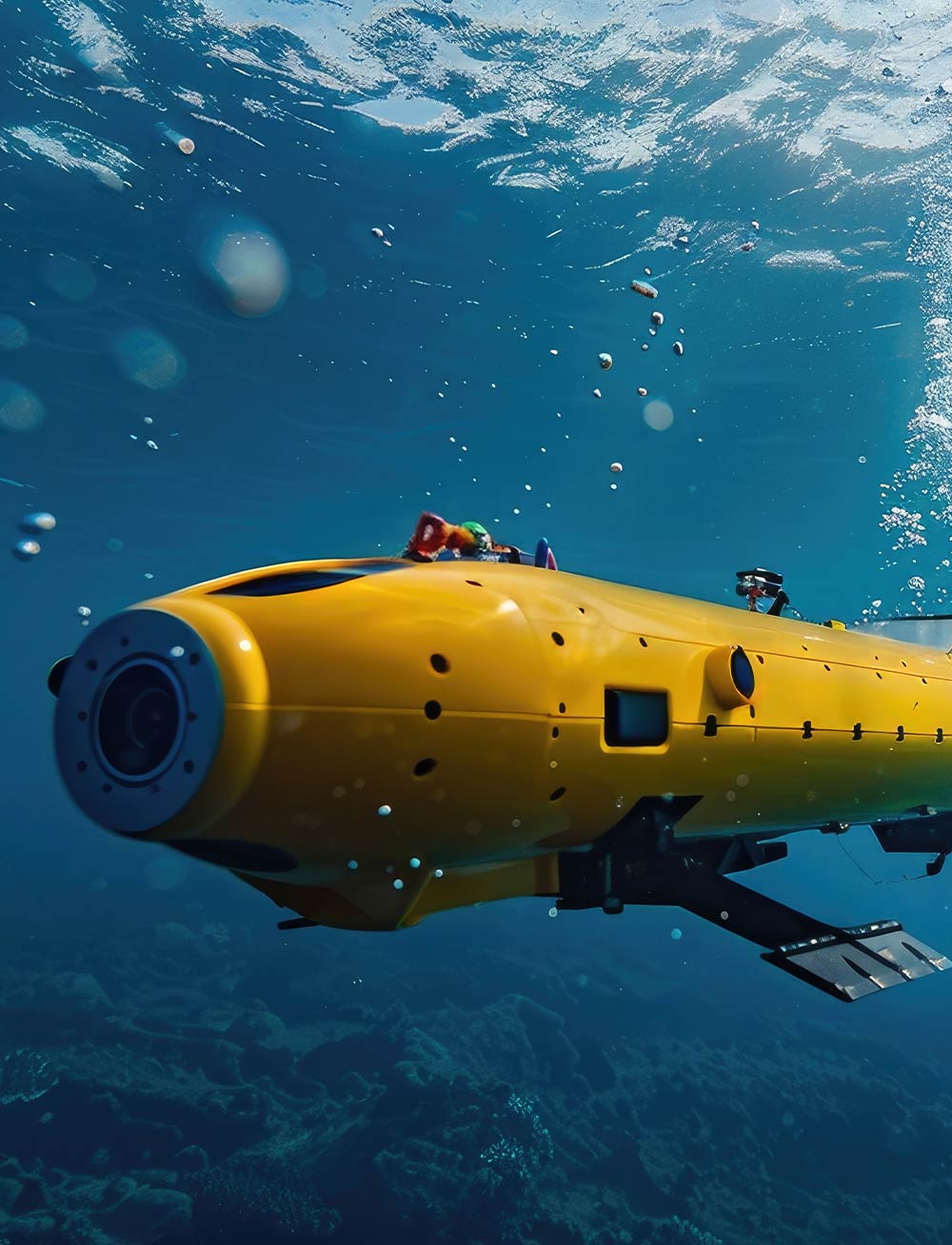 A yellow submarine navigates underwater surrounded by bubbles with sunlight streaming from the surface above.